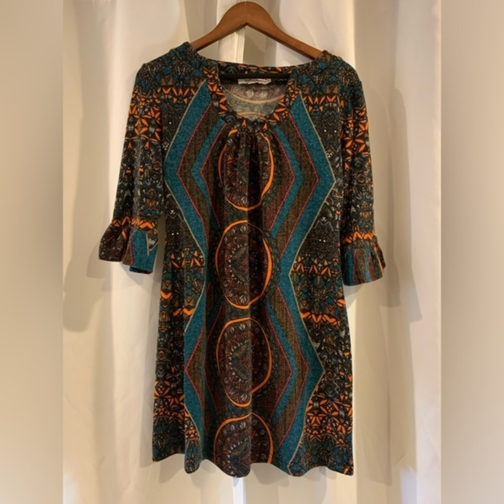 Aryeh Anthropologie Teal Orange Zip Neck Knee‎ Length Dress Size Large